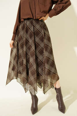 Bel Lastikli Şifon Midi Etek Kahve - Kadın Giyim Modelleri