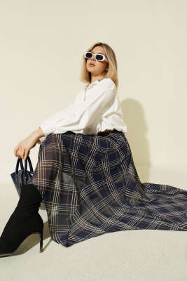 Bel Lastikli Şifon Midi Etek Lacivert 