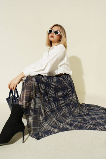 Bel Lastikli Şifon Midi Etek Lacivert - Kadın Giyim Modelleri