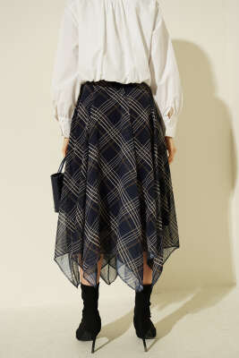 Bel Lastikli Şifon Midi Etek Lacivert - Kadın Giyim Modelleri