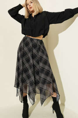 Bel Lastikli Şifon Midi Etek Siyah 