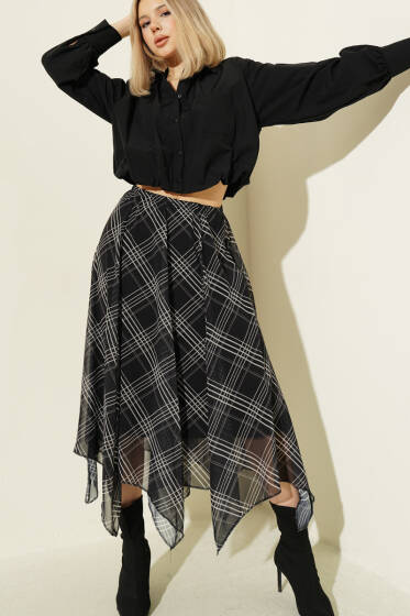 Bel Lastikli Şifon Midi Etek Siyah - Kadın Giyim Modelleri