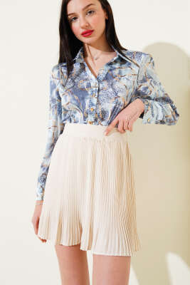 Bel Lastikli Sık Pileli Mini Etek Bej - Kadın Giyim Modelleri