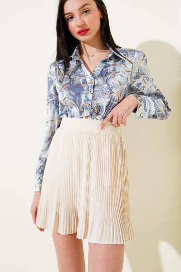 Bel Lastikli Sık Pileli Mini Etek Bej - Kadın Giyim Modelleri