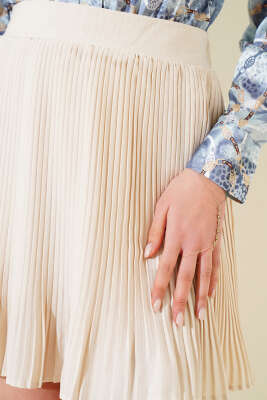 Bel Lastikli Sık Pileli Mini Etek Bej - Kadın Giyim Modelleri