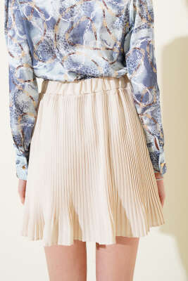 Bel Lastikli Sık Pileli Mini Etek Bej - Kadın Giyim Modelleri