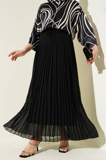 Bel Lastikli Sık Pileli Şifon Etek Siyah - Uzun Etek