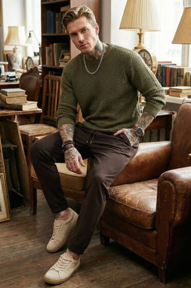 Bel Lastikli Slim Fit Erkek Pantolon Kahve - Erkek Pantolon