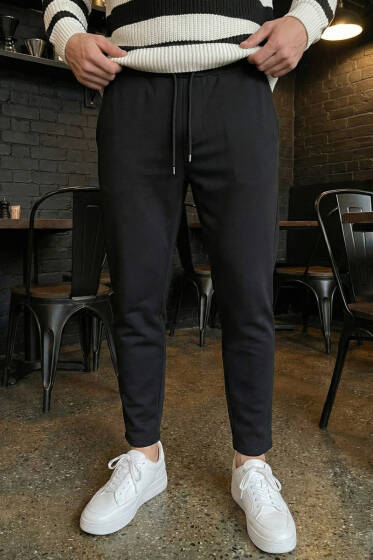 Bel Lastikli Slim Fit Erkek Pantolon Siyah - Erkek Pantolon