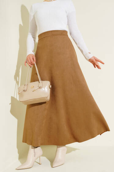 Bel Lastikli Süet Etek Camel - Etek