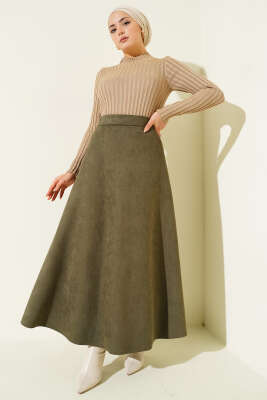 Bel Lastikli Süet Etek Haki - Etek