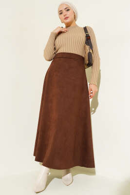Bel Lastikli Süet Etek Kahve - Etek