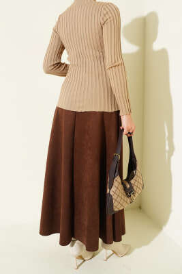 Bel Lastikli Süet Etek Kahve - Etek