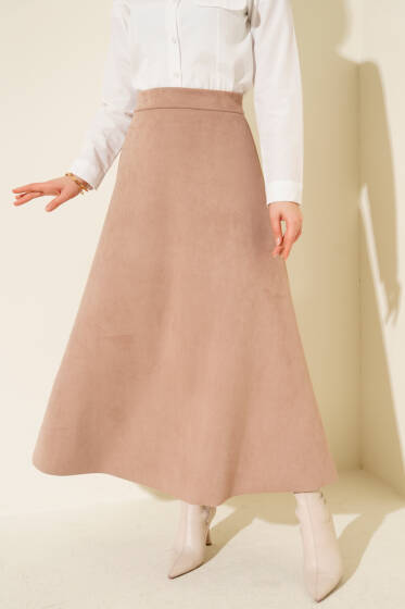 Bel Lastikli Süet Etek Latte - Etek