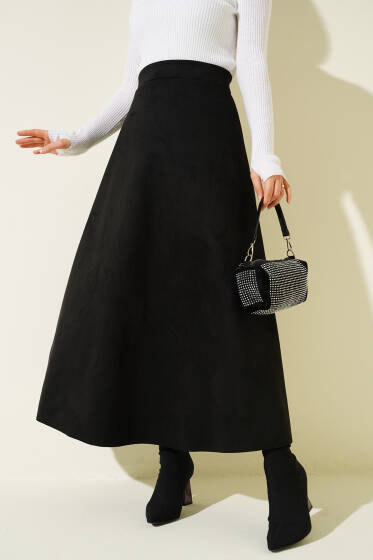 Bel Lastikli Süet Etek Siyah - Etek