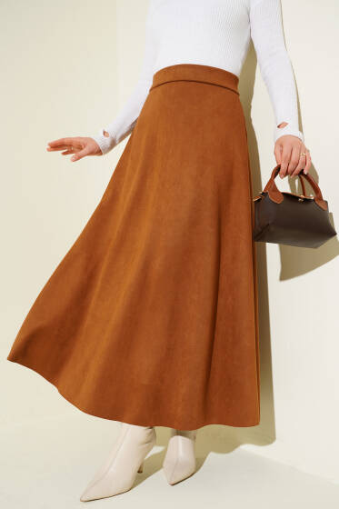 Bel Lastikli Süet Etek Taba - Etek