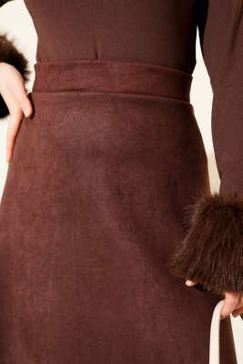 Bel Lastikli Süet Kloş Etek Acı Kahve - Etek