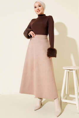 Bel Lastikli Süet Kloş Etek Bej - Etek