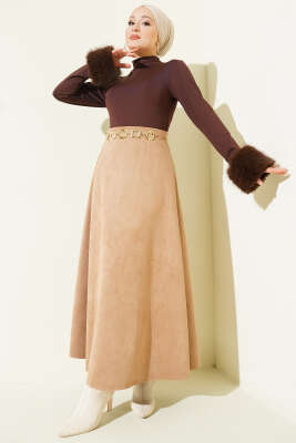 Bel Lastikli Süet Kloş Etek Camel - Etek