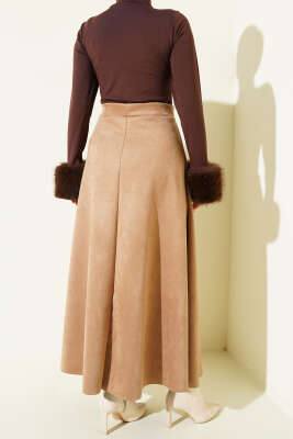 Bel Lastikli Süet Kloş Etek Camel - Etek