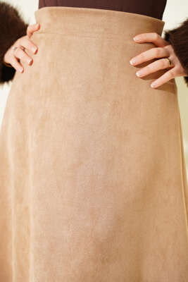 Bel Lastikli Süet Kloş Etek Camel - Etek