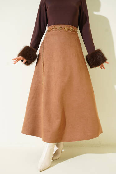 Bel Lastikli Süet Kloş Etek Kahve - Etek