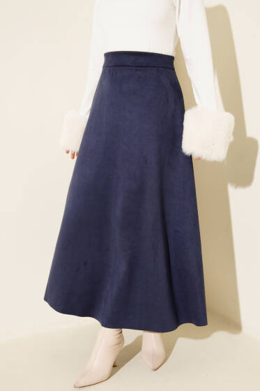 Bel Lastikli Süet Kloş Etek Lacivert - Etek