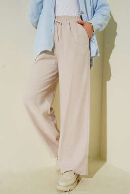 Bel Lastikli Tencel Pantolon Bej - Pantolon