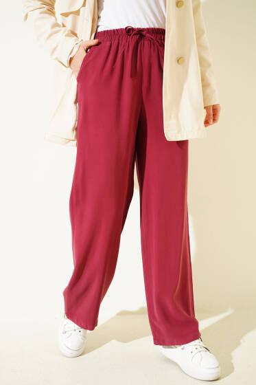 Bel Lastikli Tencel Pantolon Bordo - Pantolon