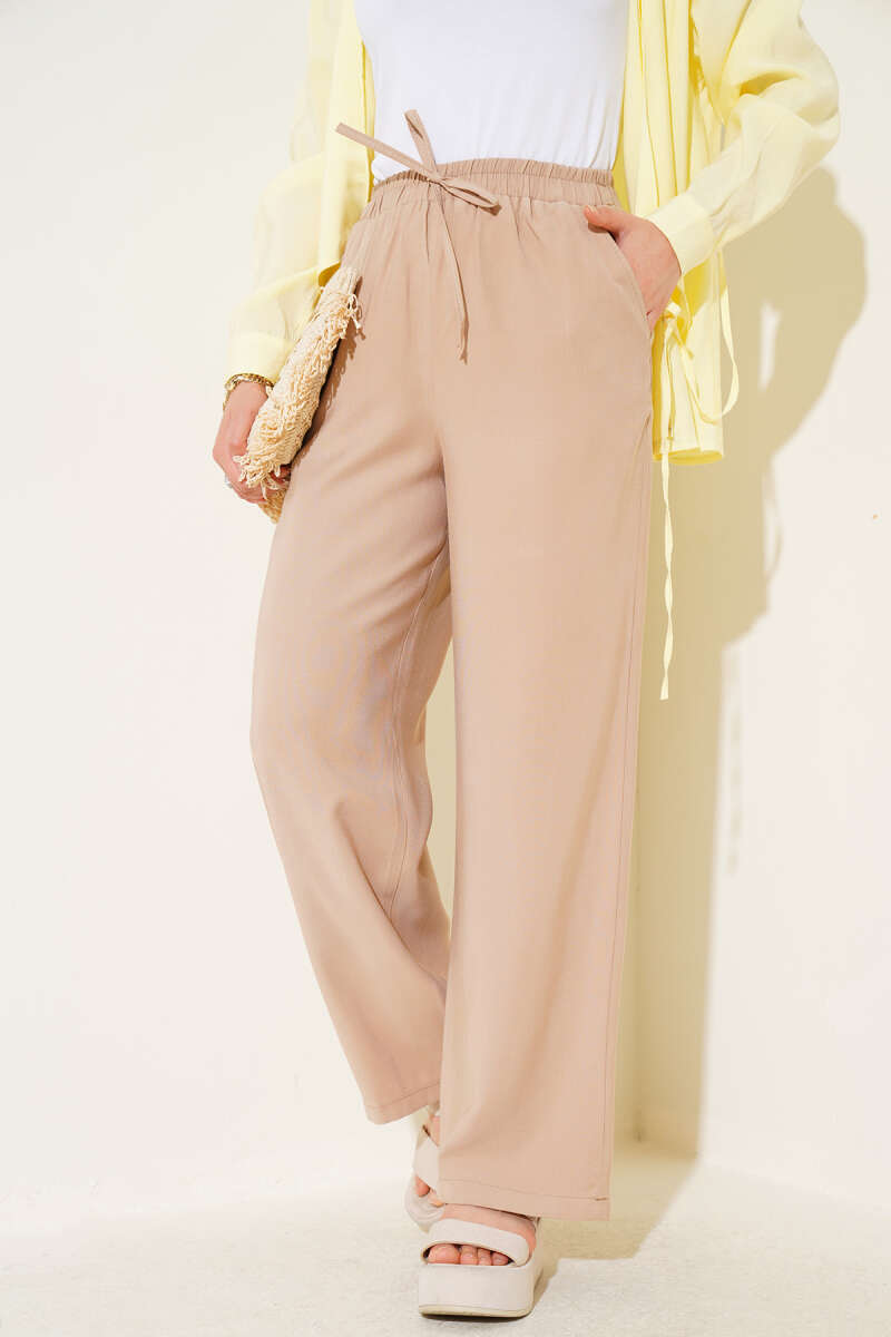 Bel Lastikli Tencel Pantolon Latte
