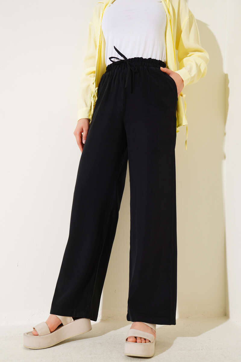 Bel Lastikli Tencel Pantolon Siyah