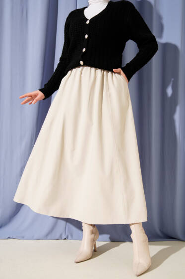 Bel Lastikli Tensel Etek Bej - Etek