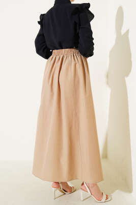 Bel Lastikli Terikoton Etek Bej - Uzun Etek