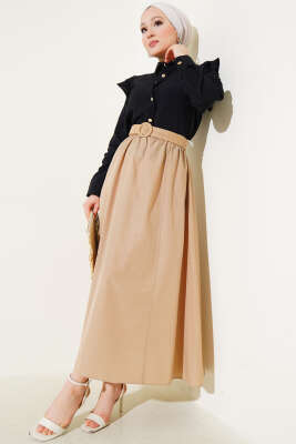 Bel Lastikli Terikoton Etek Bej - Uzun Etek