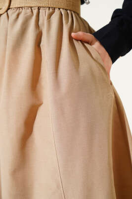 Bel Lastikli Terikoton Etek Bej - Uzun Etek