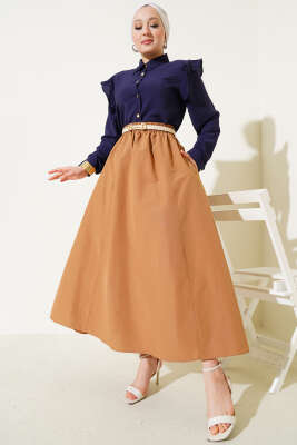 Bel Lastikli Terikoton Etek Camel - Uzun Etek