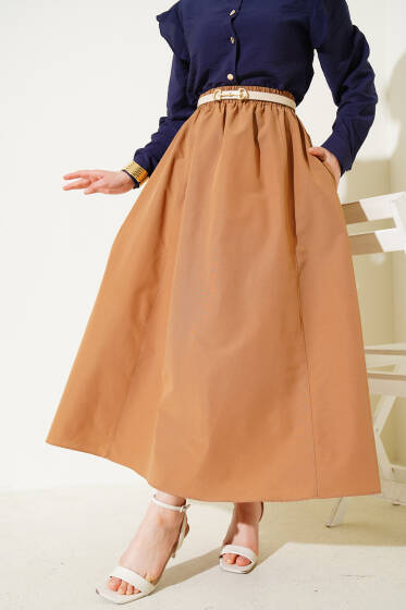 Bel Lastikli Terikoton Etek Camel - Uzun Etek