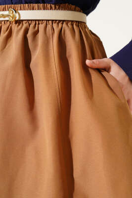 Bel Lastikli Terikoton Etek Camel - Uzun Etek