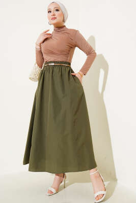 Bel Lastikli Terikoton Etek Haki - Uzun Etek