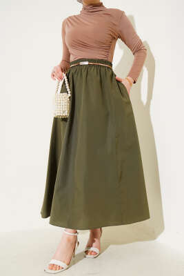 Bel Lastikli Terikoton Etek Haki 