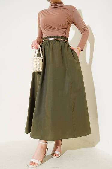 Bel Lastikli Terikoton Etek Haki - Uzun Etek