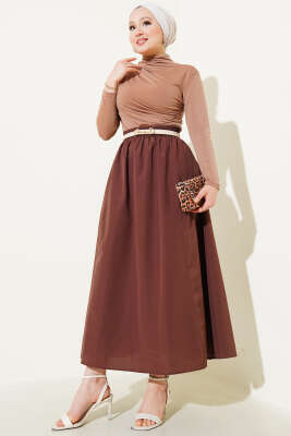 Bel Lastikli Terikoton Etek Kahve - Uzun Etek