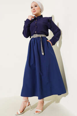 Bel Lastikli Terikoton Etek Lacivert - Uzun Etek