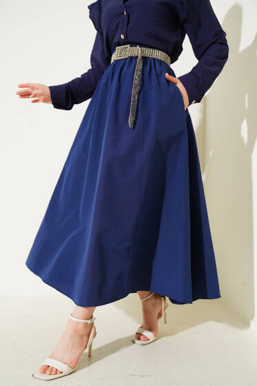 Bel Lastikli Terikoton Etek Lacivert - Uzun Etek