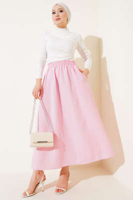 Bel Lastikli Terikoton Etek Pembe - Uzun Etek