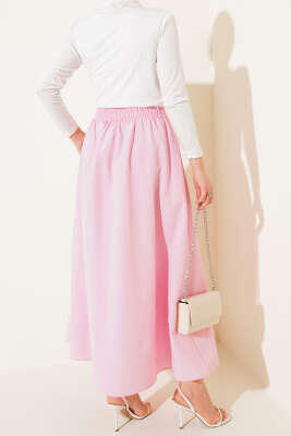 Bel Lastikli Terikoton Etek Pembe - Uzun Etek