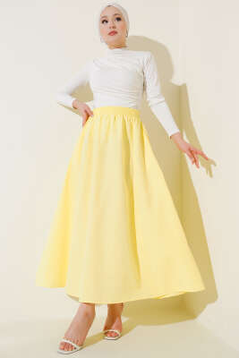 Bel Lastikli Terikoton Etek Sarı - Uzun Etek