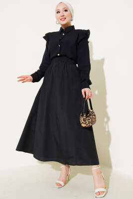 Bel Lastikli Terikoton Etek Siyah - Uzun Etek