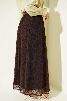 Bel Lastikli Tül Çiçekli Etek Kahve - Etek