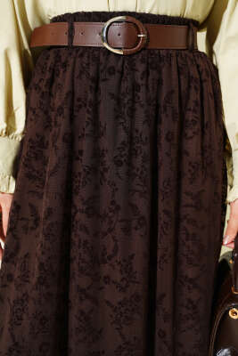 Bel Lastikli Tül Çiçekli Etek Kahve - Etek